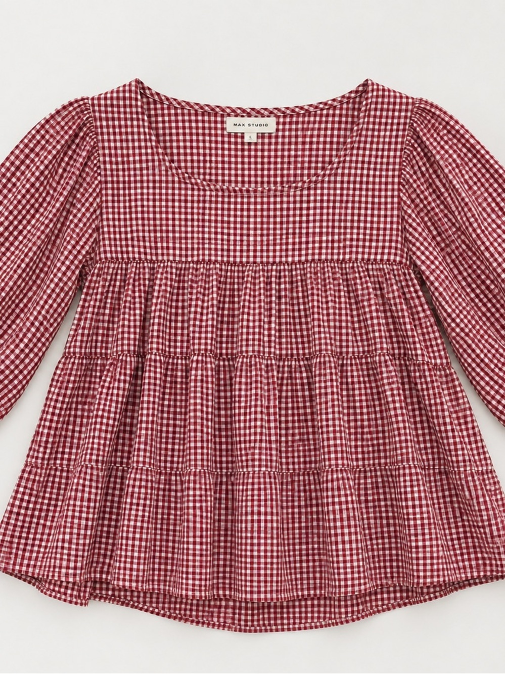 Max Studio Women Red Gingham Tiered Peasant Dress